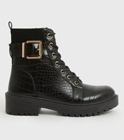 New Look Black Faux Croc Buckle Lace Up Chunky Boots